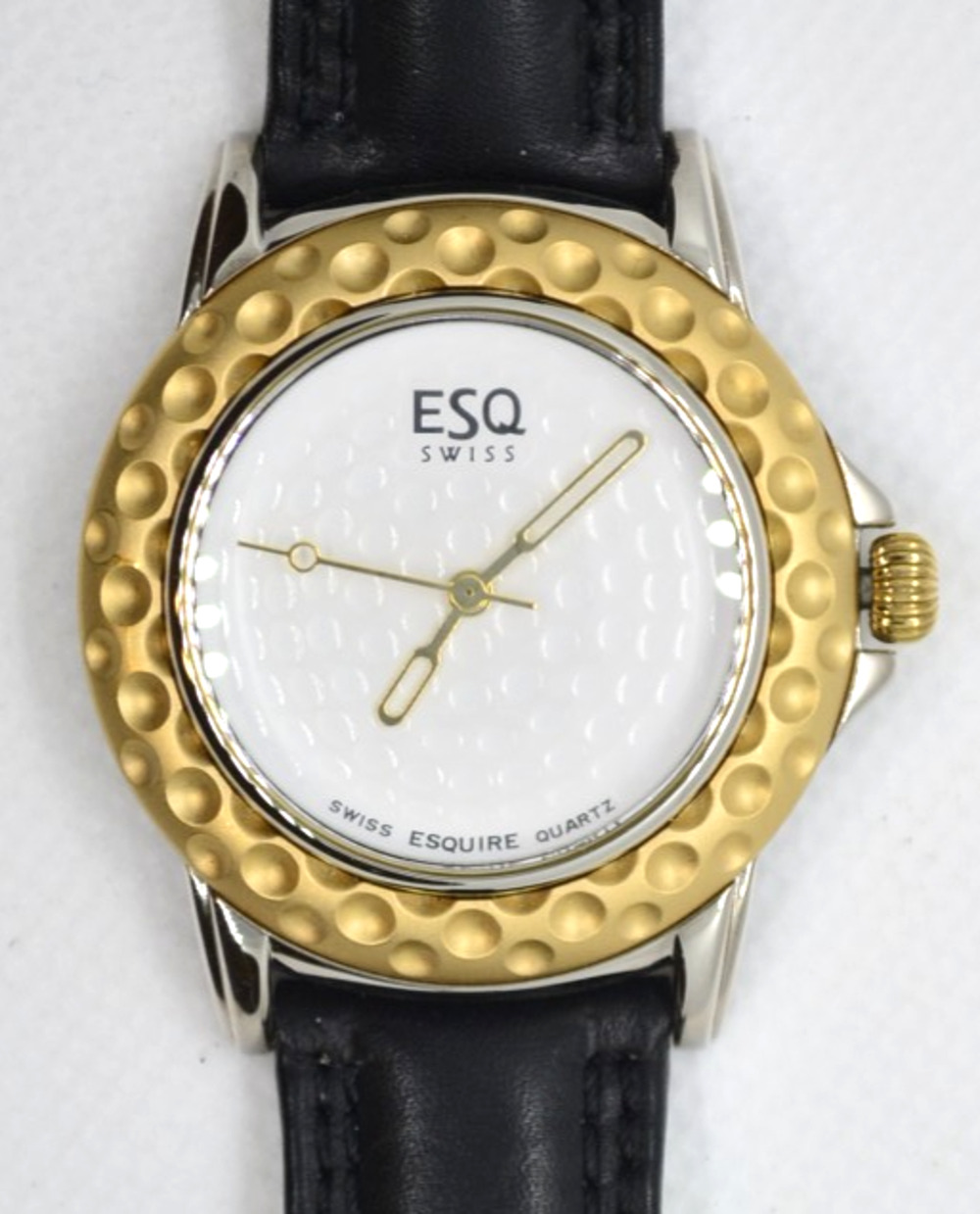 ESQ Movado Golf Ball Ladies Watch Gold Tone Black Leather Swiss Quartz